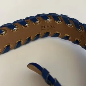 PRADA authentic blue leather belt. With gold metal ascents. Prada, vintage dark blue leather belt. - Unique Designer Pieces main image 4